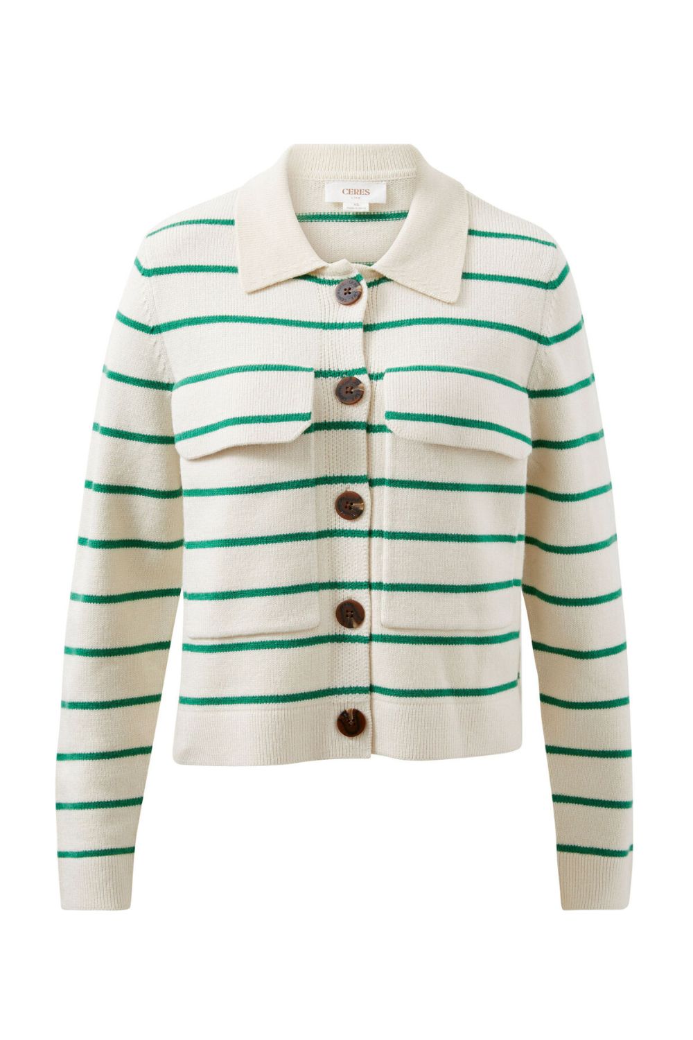 Soft Knit Collared Cardi- Ecru/Kelly Green Stripe