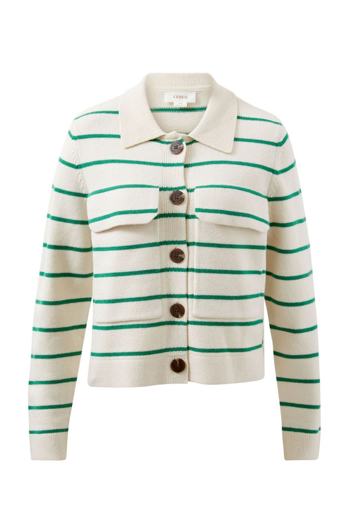 Soft Knit Collared Cardi- Ecru/Kelly Green Stripe