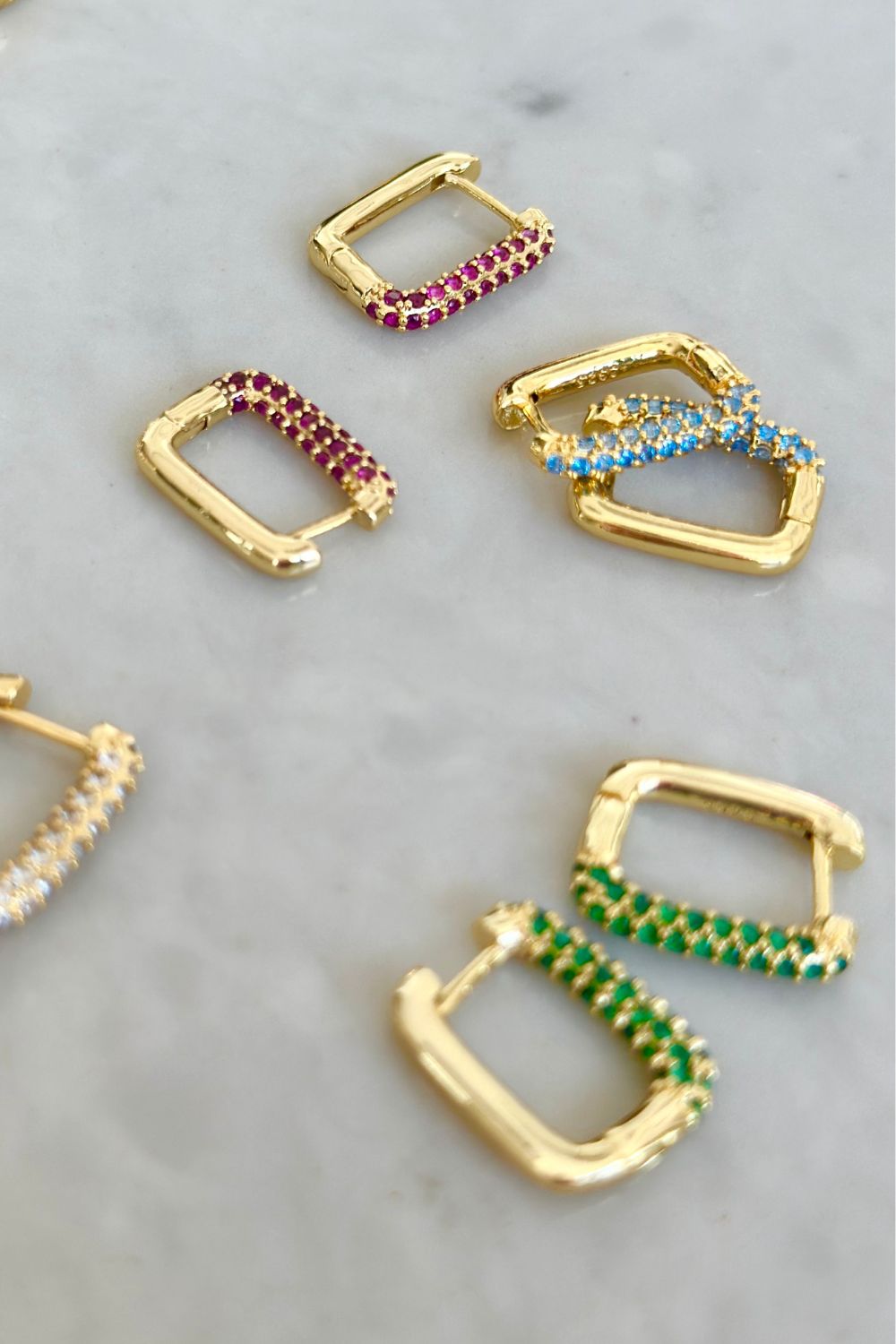 Square Gold Hoops with Emerald Green