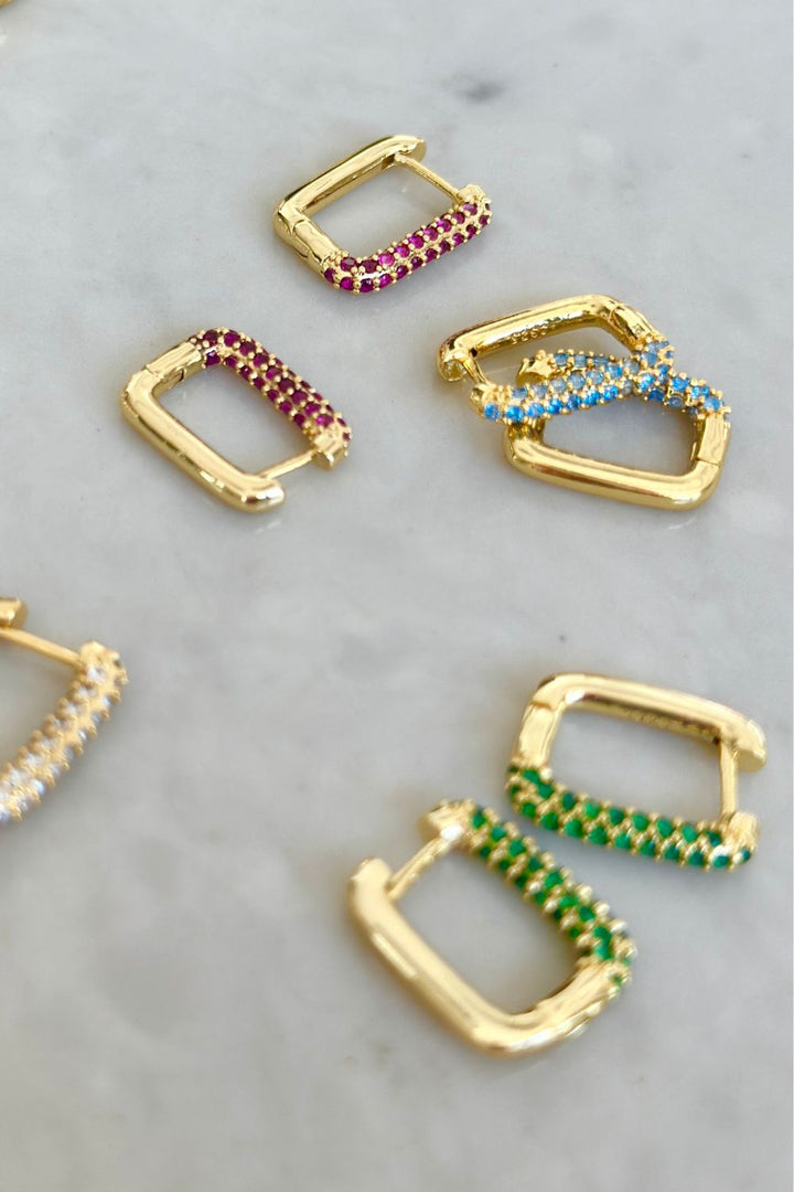 Square Gold Hoops with Emerald Green