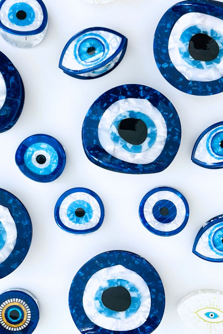MINI ROUND EVIL EYE DARK/LIGHT BLUE & WHITE HAIRCLAW