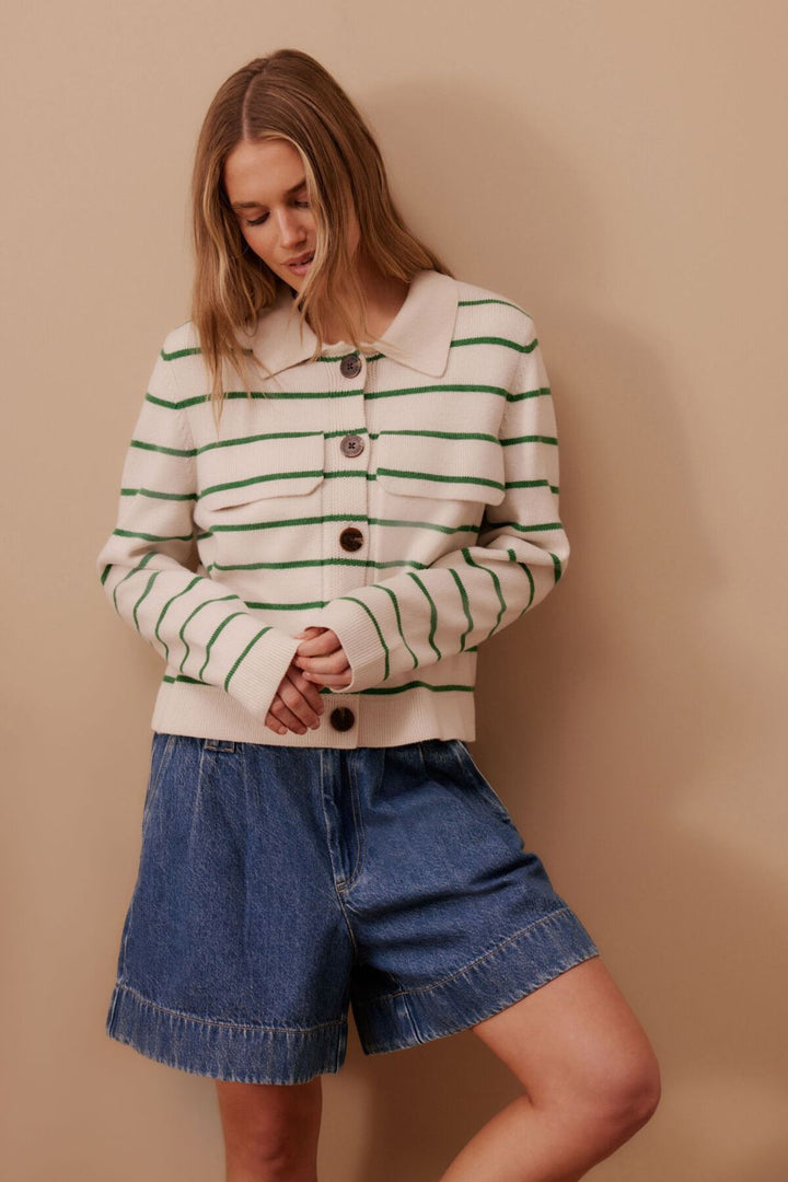 Soft Knit Collared Cardi- Ecru/Kelly Green Stripe