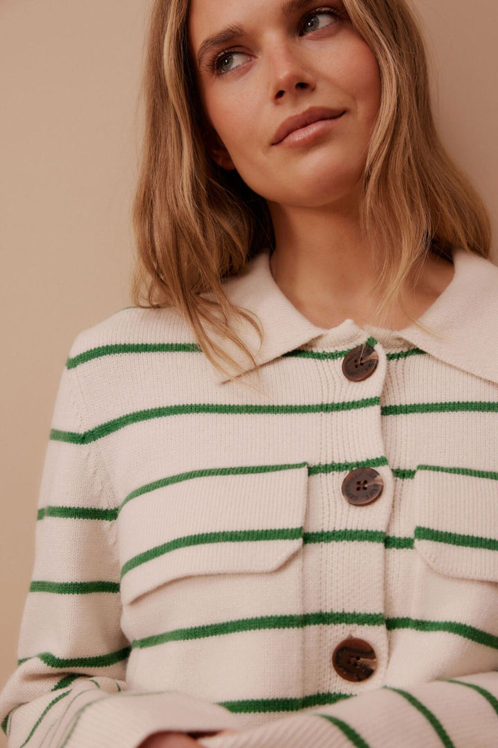 Soft Knit Collared Cardi- Ecru/Kelly Green Stripe