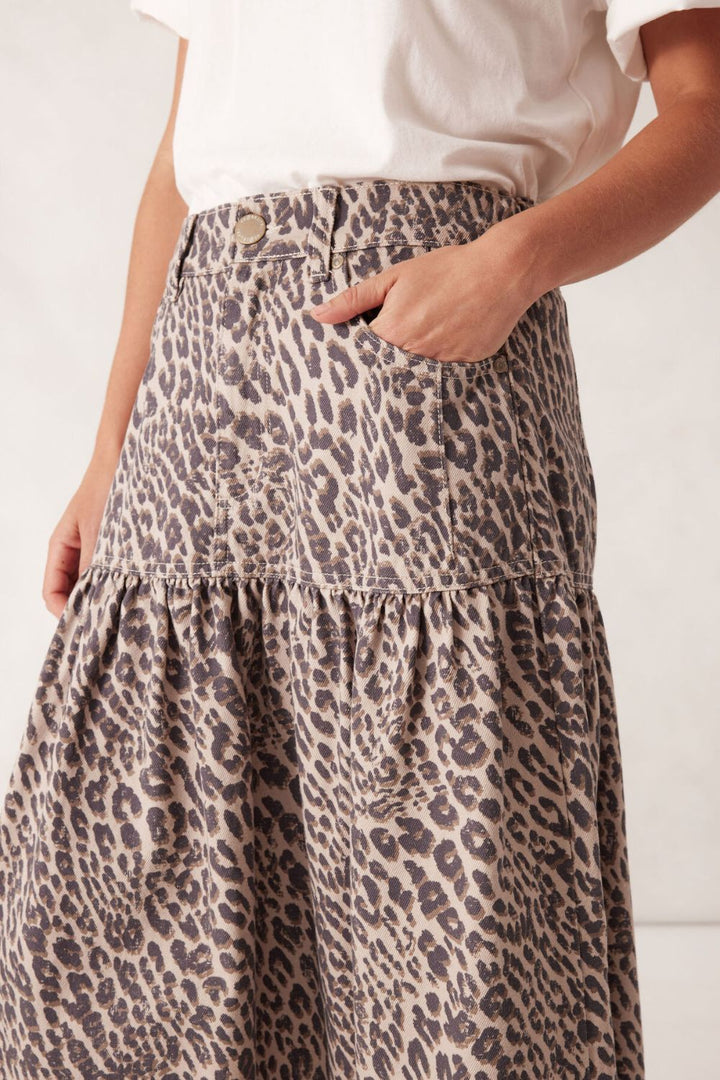 Drop waist denim midi skirt - Leopard