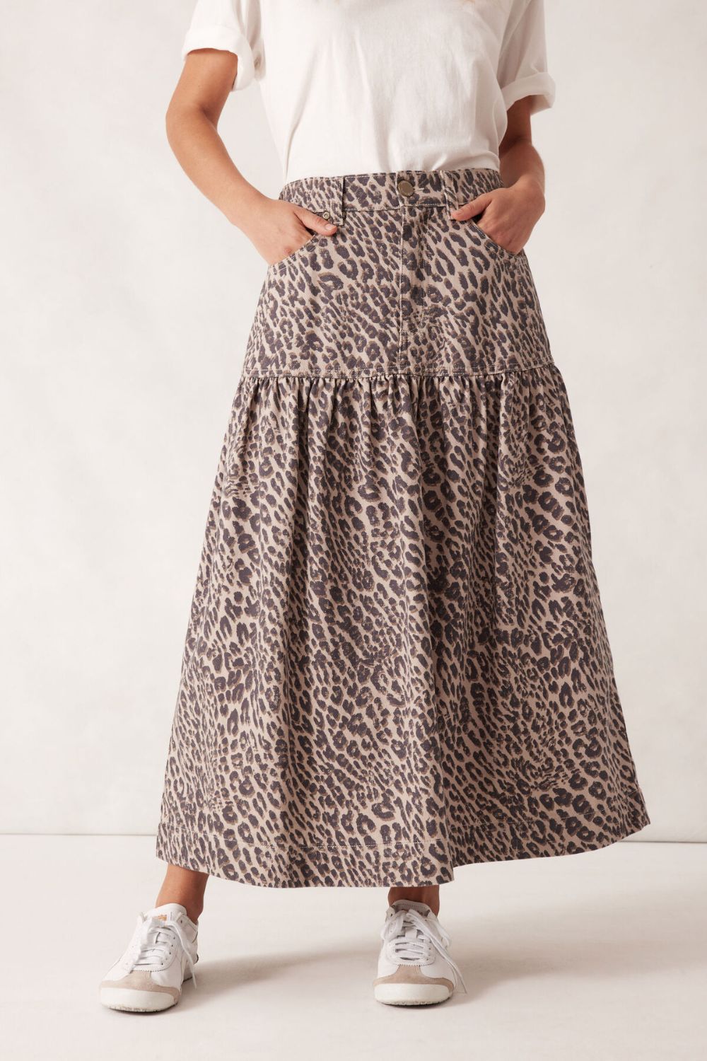 Drop waist denim midi skirt - Leopard