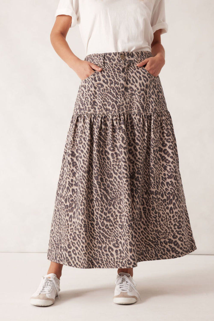 Drop waist denim midi skirt - Leopard