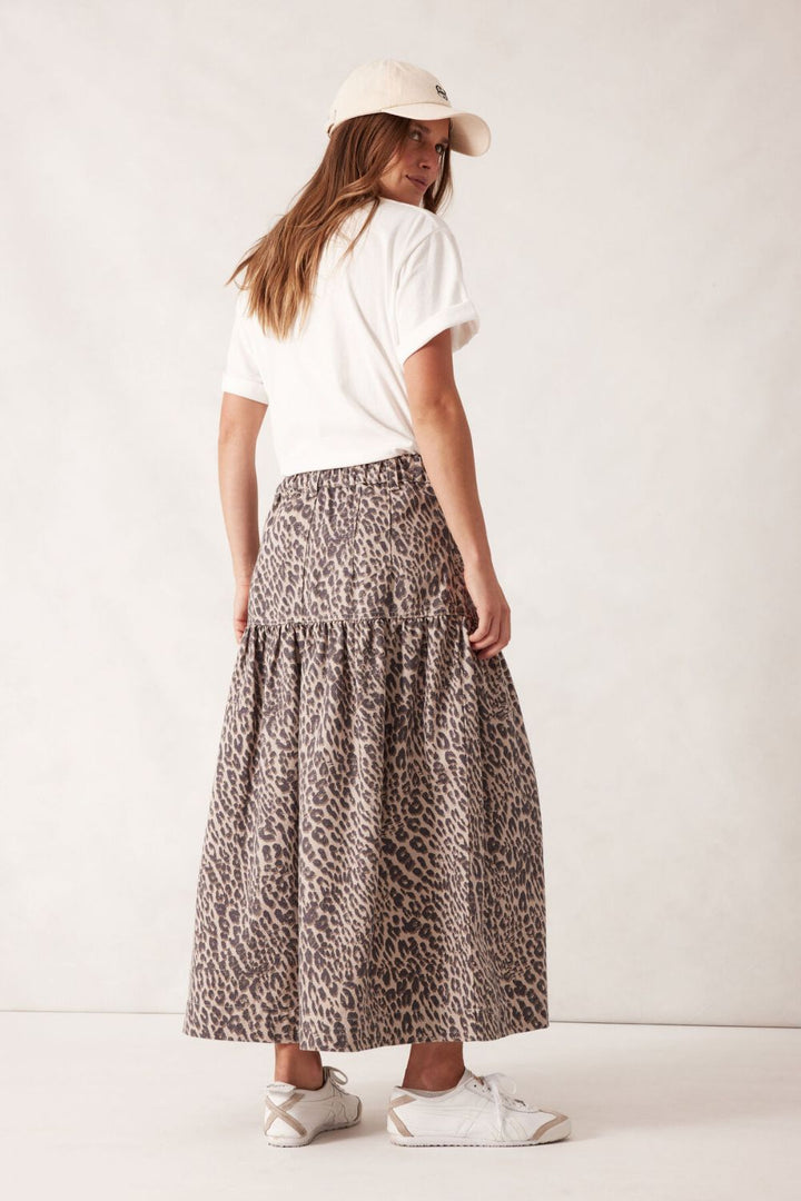 Drop waist denim midi skirt - Leopard