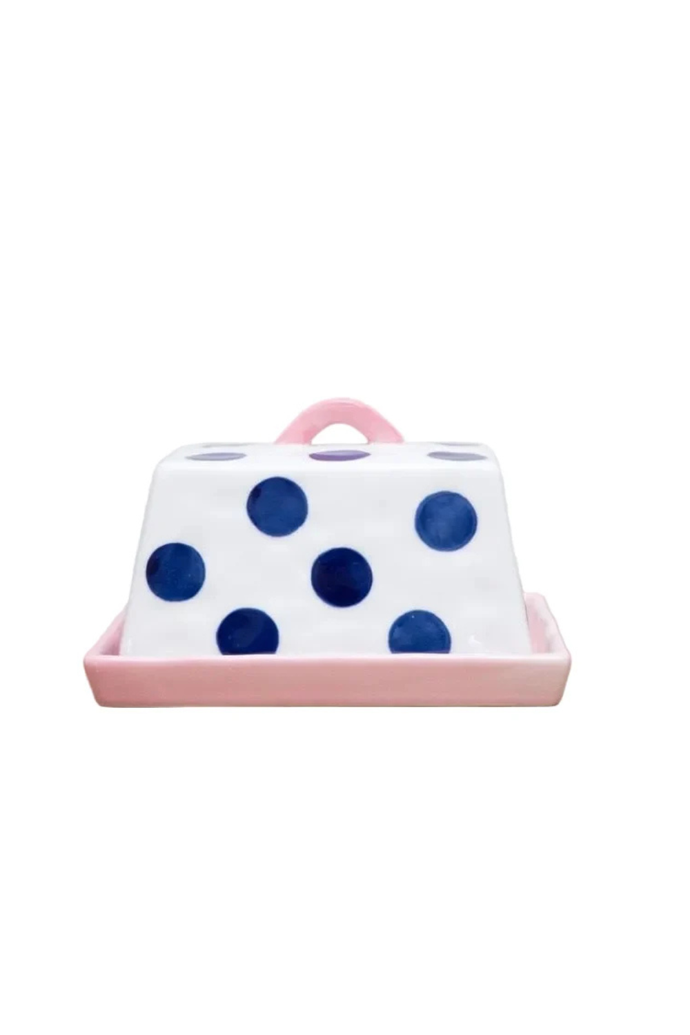 Large Ceramic Butter Dish | Navy Dots with Pink Handle & Tray