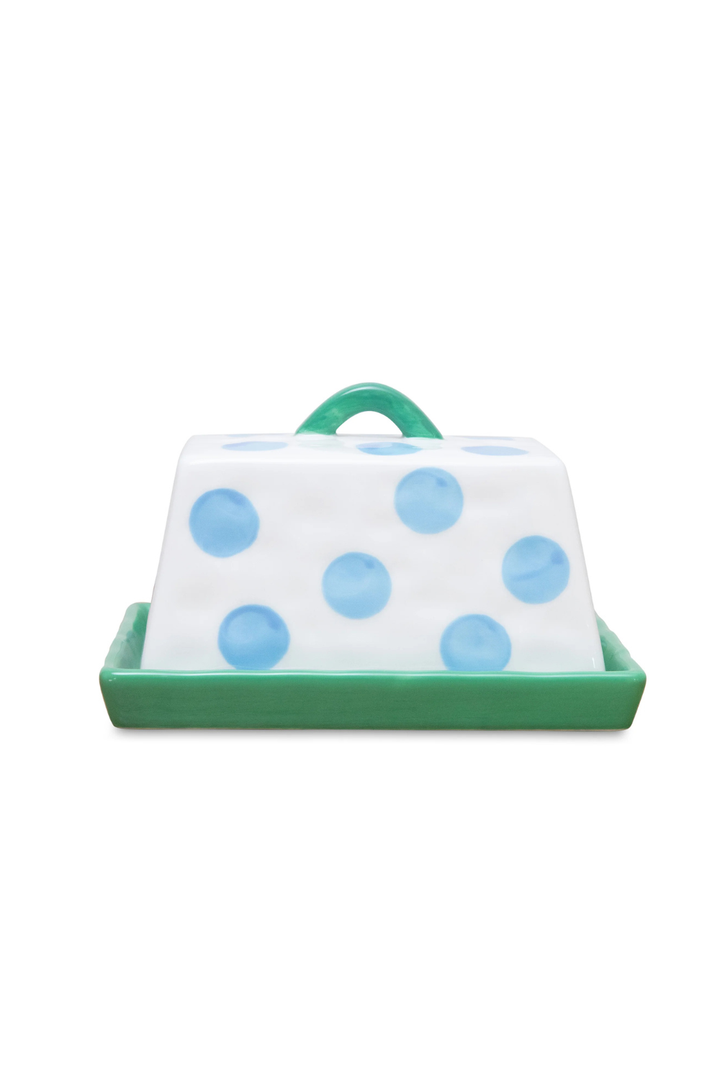 Large Ceramic Butter Dish | Blue Dots with Green Handle & Tray