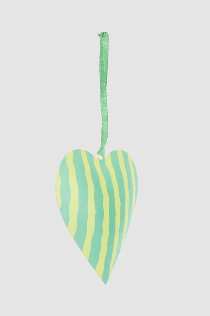 Joy Hand Painted Heart Tree Decoration Green Stripe