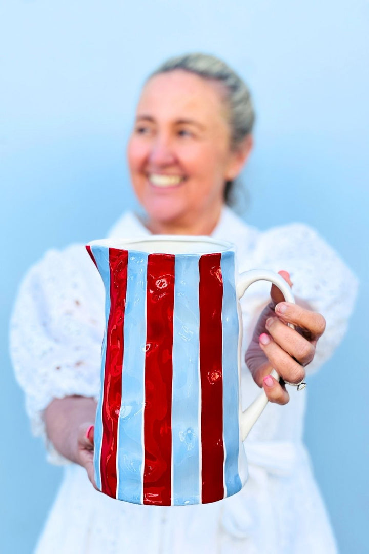 Ceramic Medium Jug | Cornflower Blue & Red Stripe
