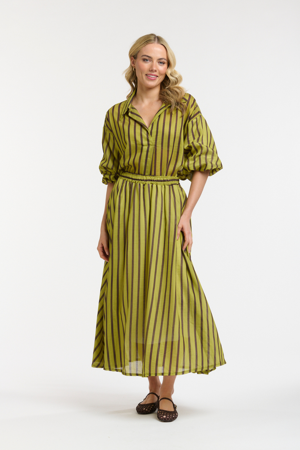 STRIPED MIDI SKIRT AVO/CHOCO