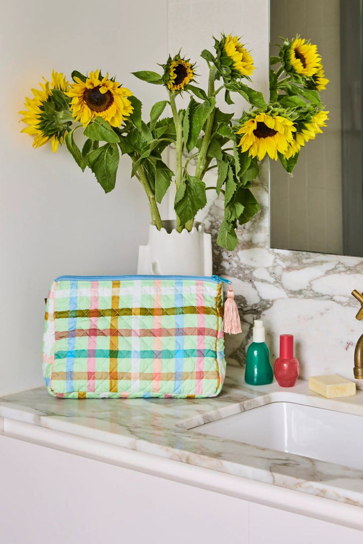 CANDY CHECK MINT QUILTED COTTON TOILETRY PURSE