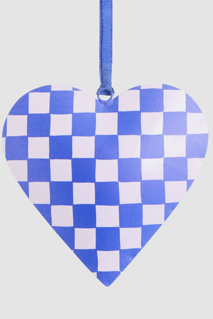 Joy Hand Painted Heart Tree Decoration Blue Check