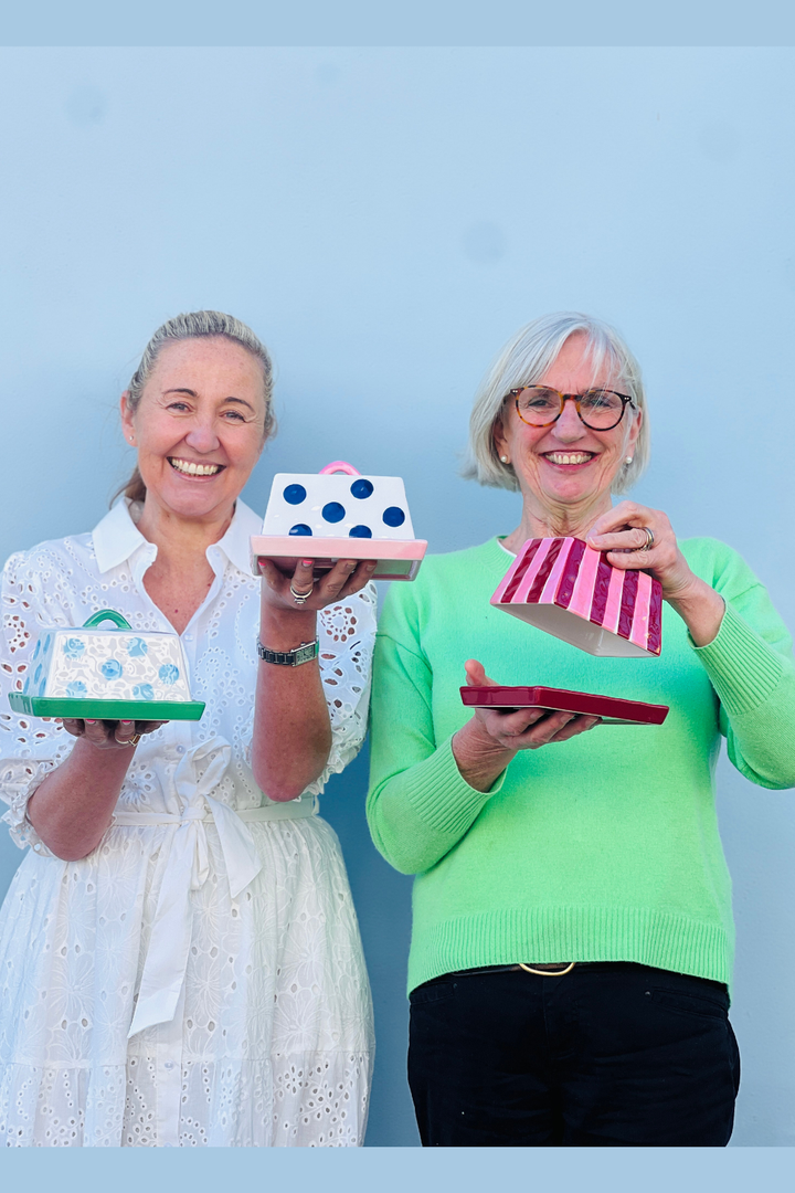 Large Ceramic Butter Dish | Blue Dots with Green Handle & Tray