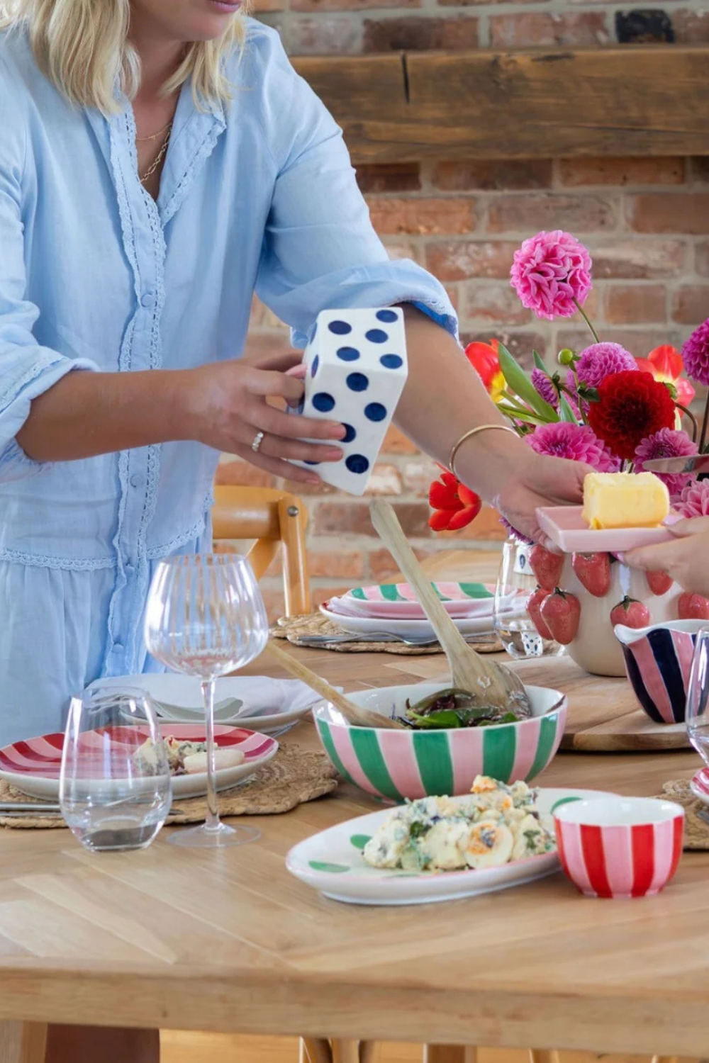 Large Ceramic Butter Dish | Navy Dots with Pink Handle & Tray