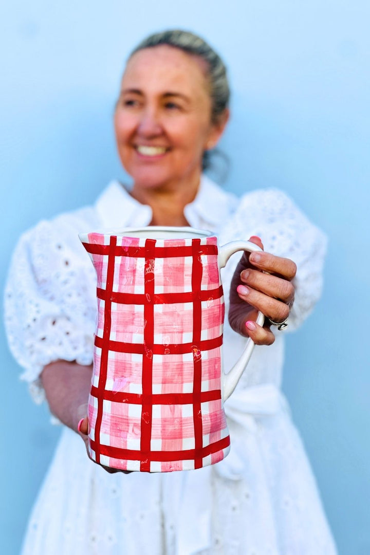 Medium Ceramic Jug | Rose Pink & Red Gingham