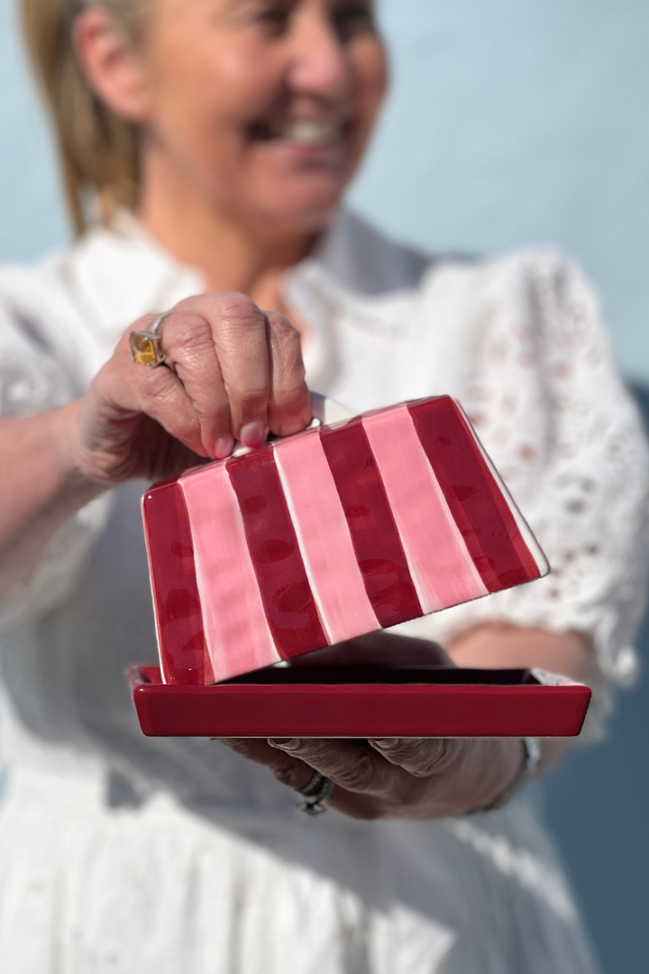 Large Ceramic Butter Dish | Pink & Burgundy Stripe