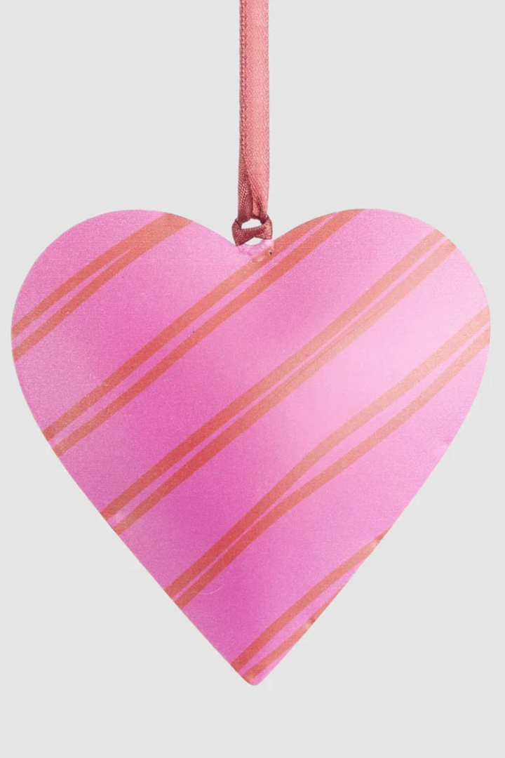 Joy Hand Painted Heart Tree Decoration Pink & Red Stripes