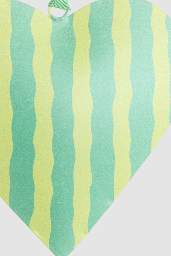 Joy Hand Painted Heart Tree Decoration Green Stripe