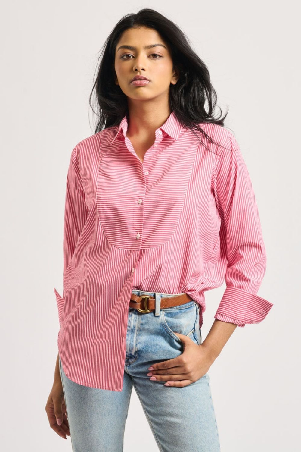 The Chloe Classic Shirt Bit Front Stripe - Cherry Stripe