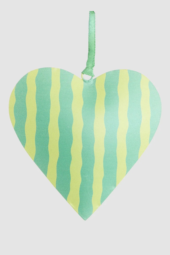 Joy Hand Painted Heart Tree Decoration Green Stripe