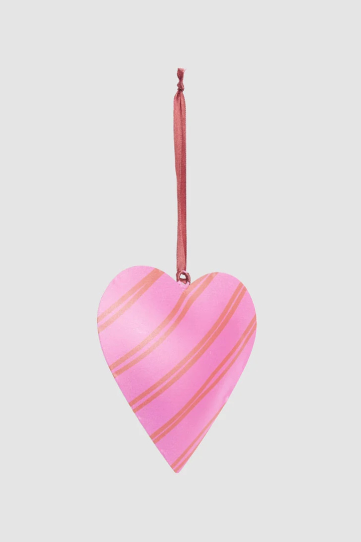 Joy Hand Painted Heart Tree Decoration Pink & Red Stripes