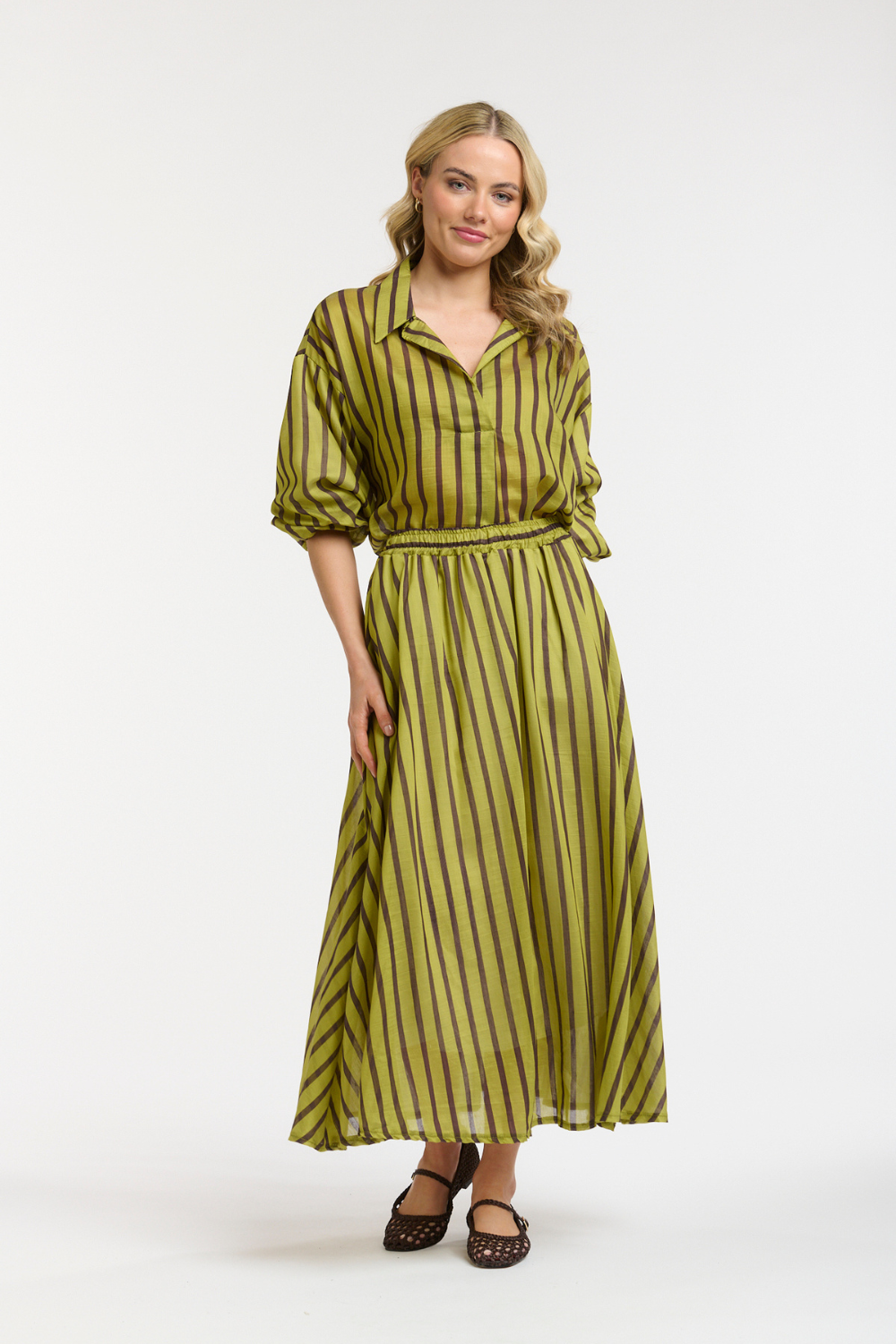 STRIPED MIDI SKIRT AVO/CHOCO