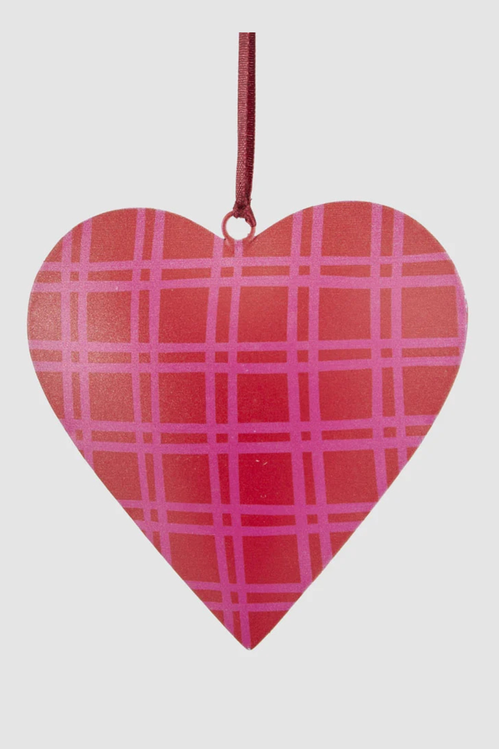 Joy Hand Painted Heart Tree Decoration Pink & Red Checks