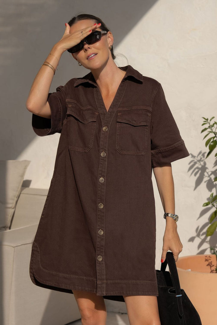 Relaxed Shirt Dress- Choc