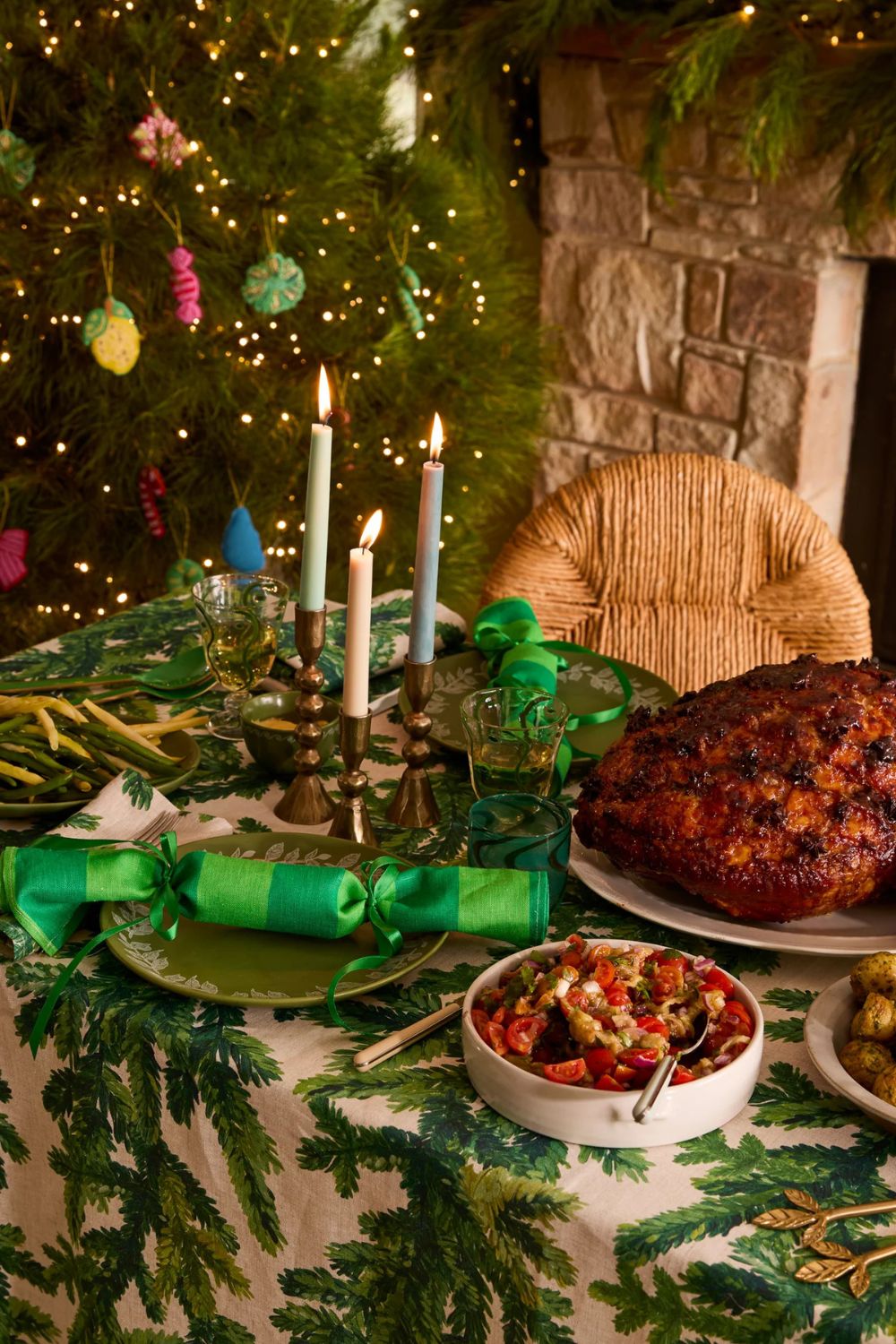 Festive Foliage Green Linen Tablecloth  350cm x 170cm