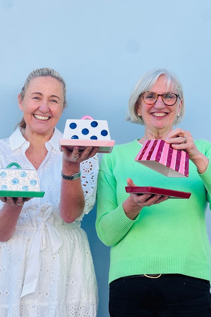 Large Ceramic Butter Dish | Pink & Burgundy Stripe