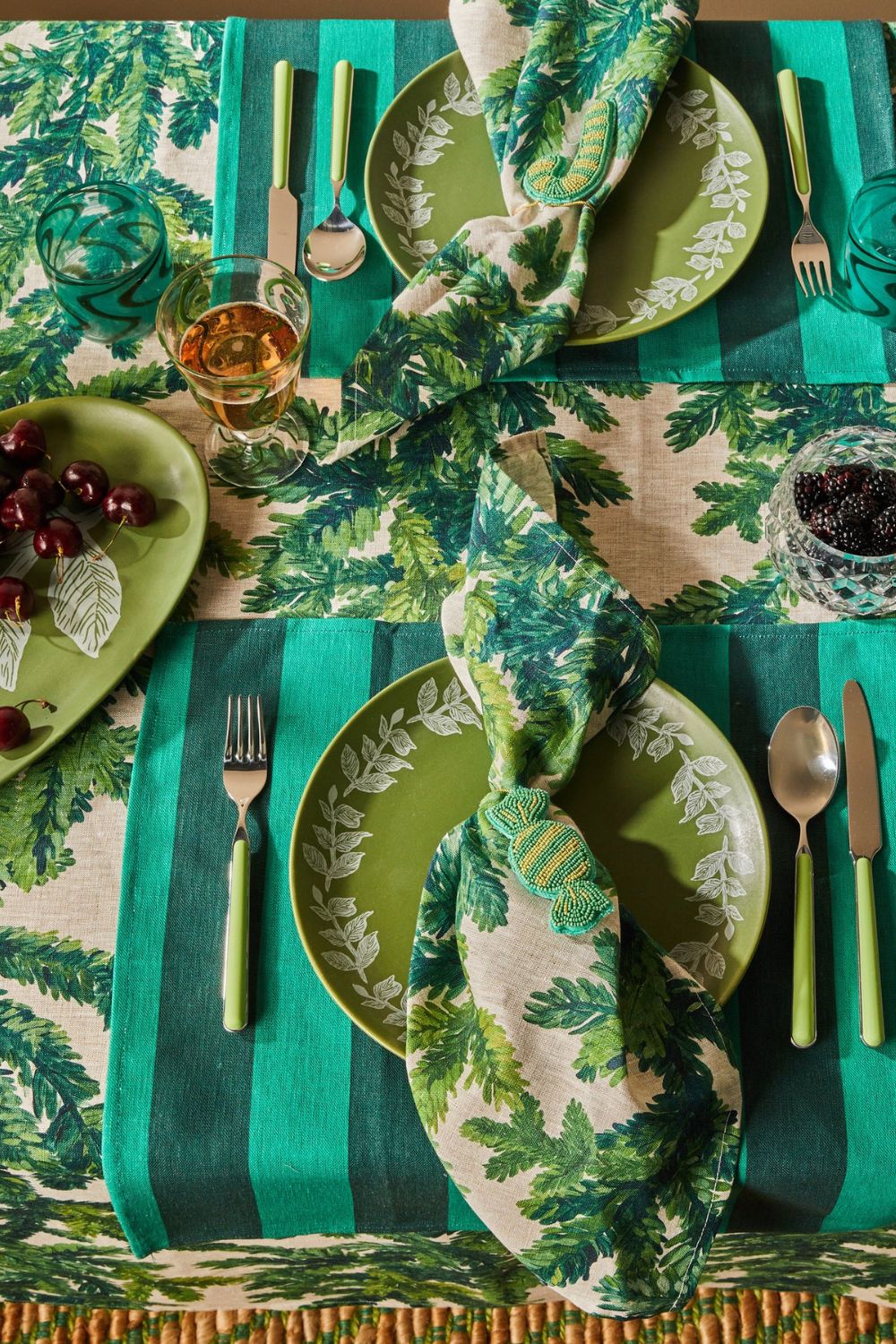 Festive Foliage Green Linen Tablecloth  350cm x 170cm
