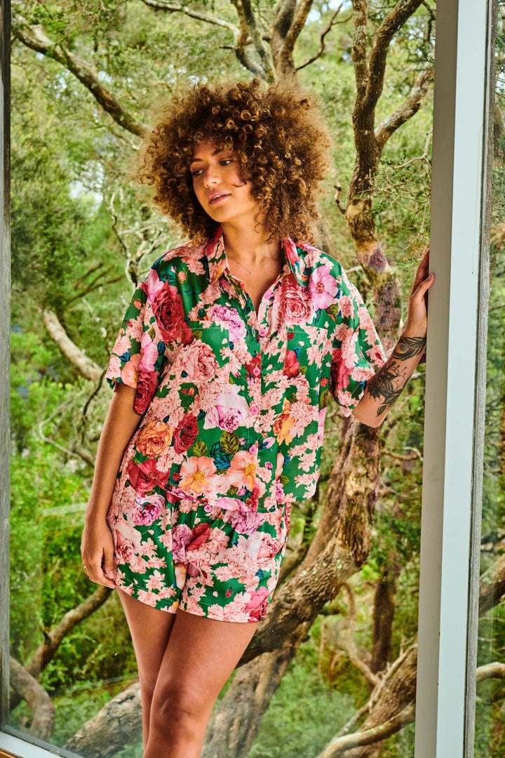 Rose Garden Satin Short Sleeve Shirt & Short Pyjama Set