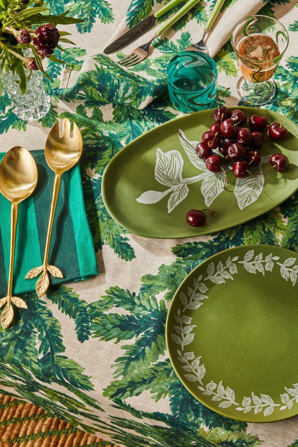 Festive Foliage Green Linen Tablecloth  350cm x 170cm
