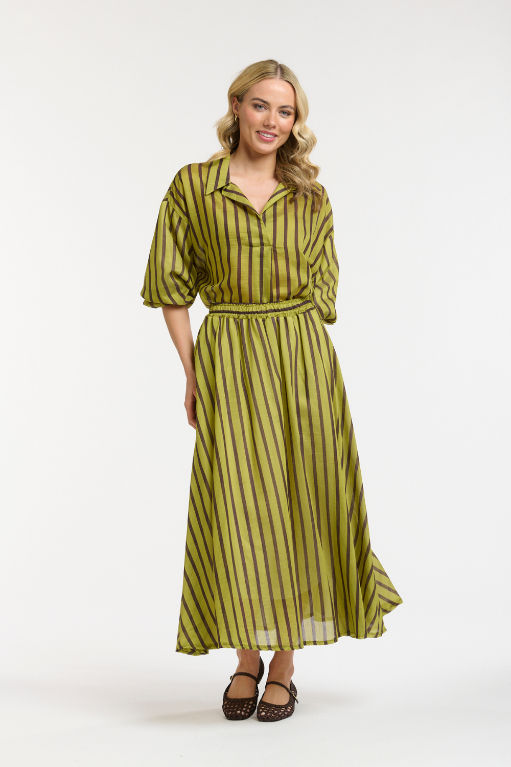 STRIPED MIDI SKIRT AVO/CHOCO