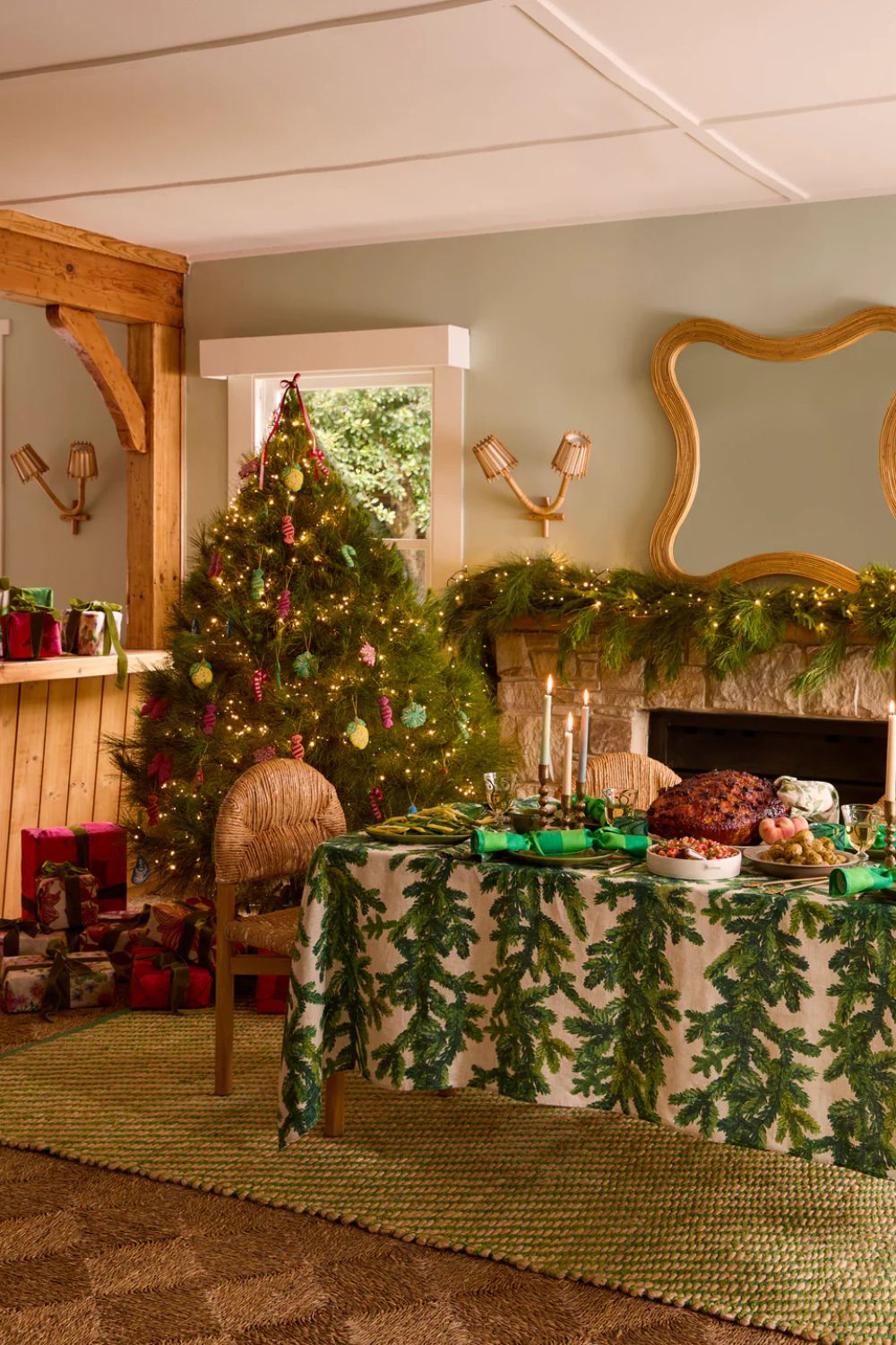 Festive Foliage Green Linen Tablecloth  350cm x 170cm