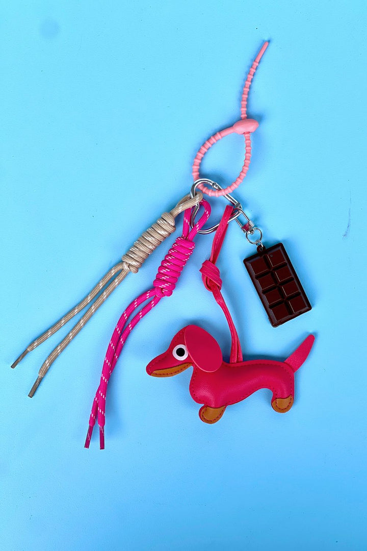 Puppyand Chocolate Charm Keyring Hot Pink