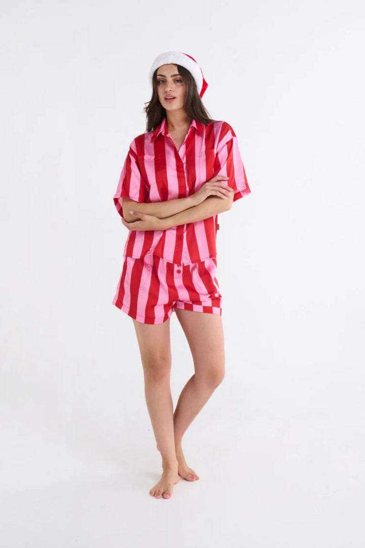 SANTA BABY ADULT ECO SATIN SHORT SLEEVE SHIRT & SHORT PYJAMA SET