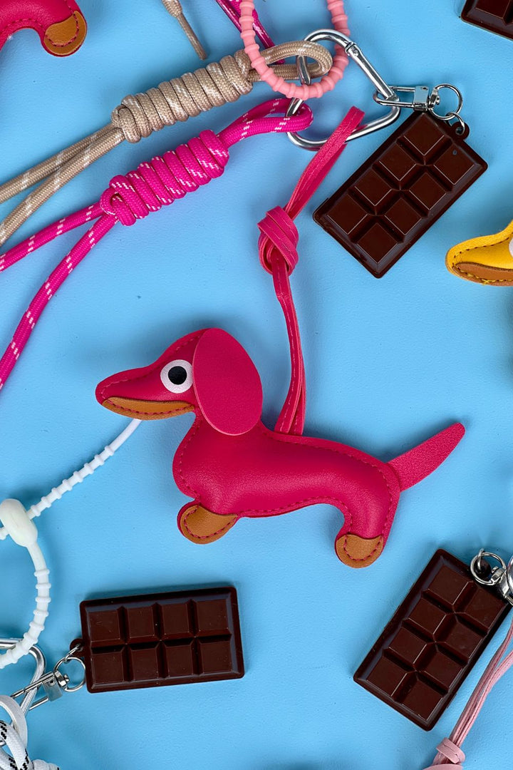 Puppyand Chocolate Charm Keyring Hot Pink
