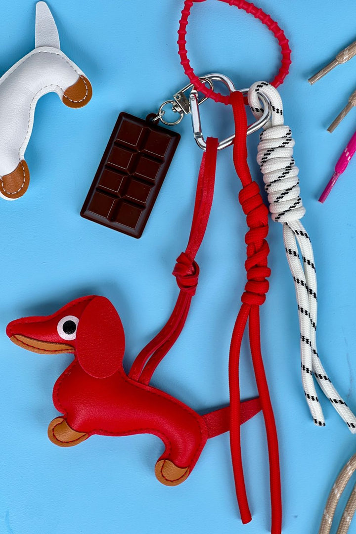 Puppy and Chocolate Charm Keyring RED
