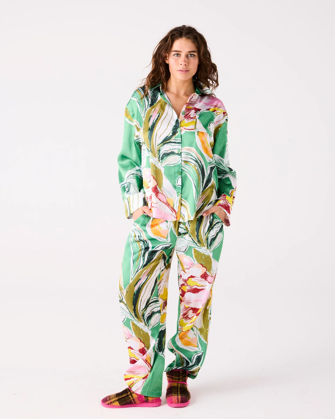 Somerset Green Adult Eco Satin Long Sleeve Shirt & Pant Pyjama Set
