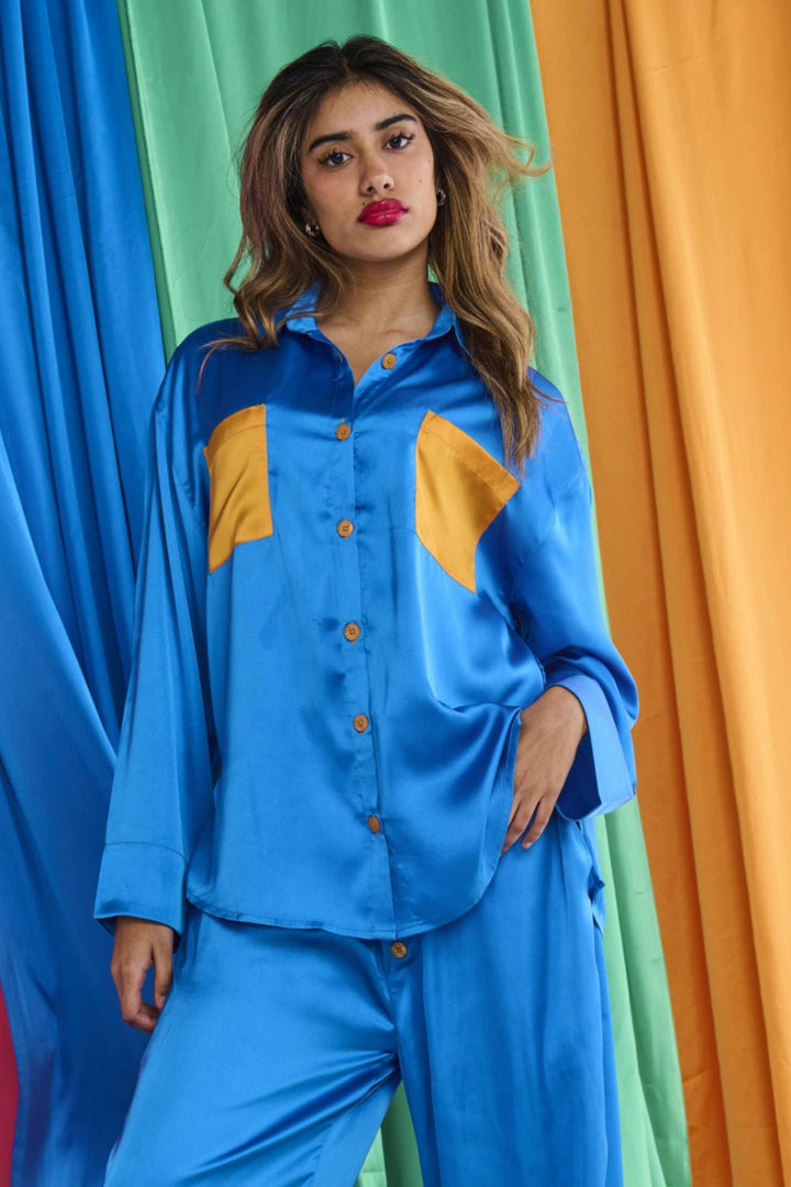 Sapphire Eco Satin Long Sleeve Shirt & Pant Pyjama Set