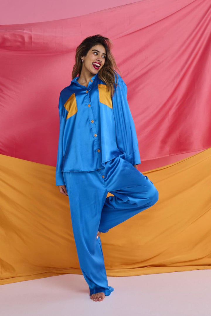 Sapphire Eco Satin Long Sleeve Shirt & Pant Pyjama Set