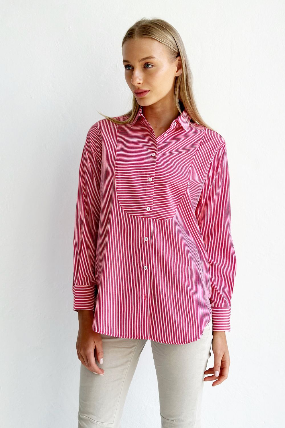 The Chloe Classic Shirt Bit Front Stripe - Cherry Stripe
