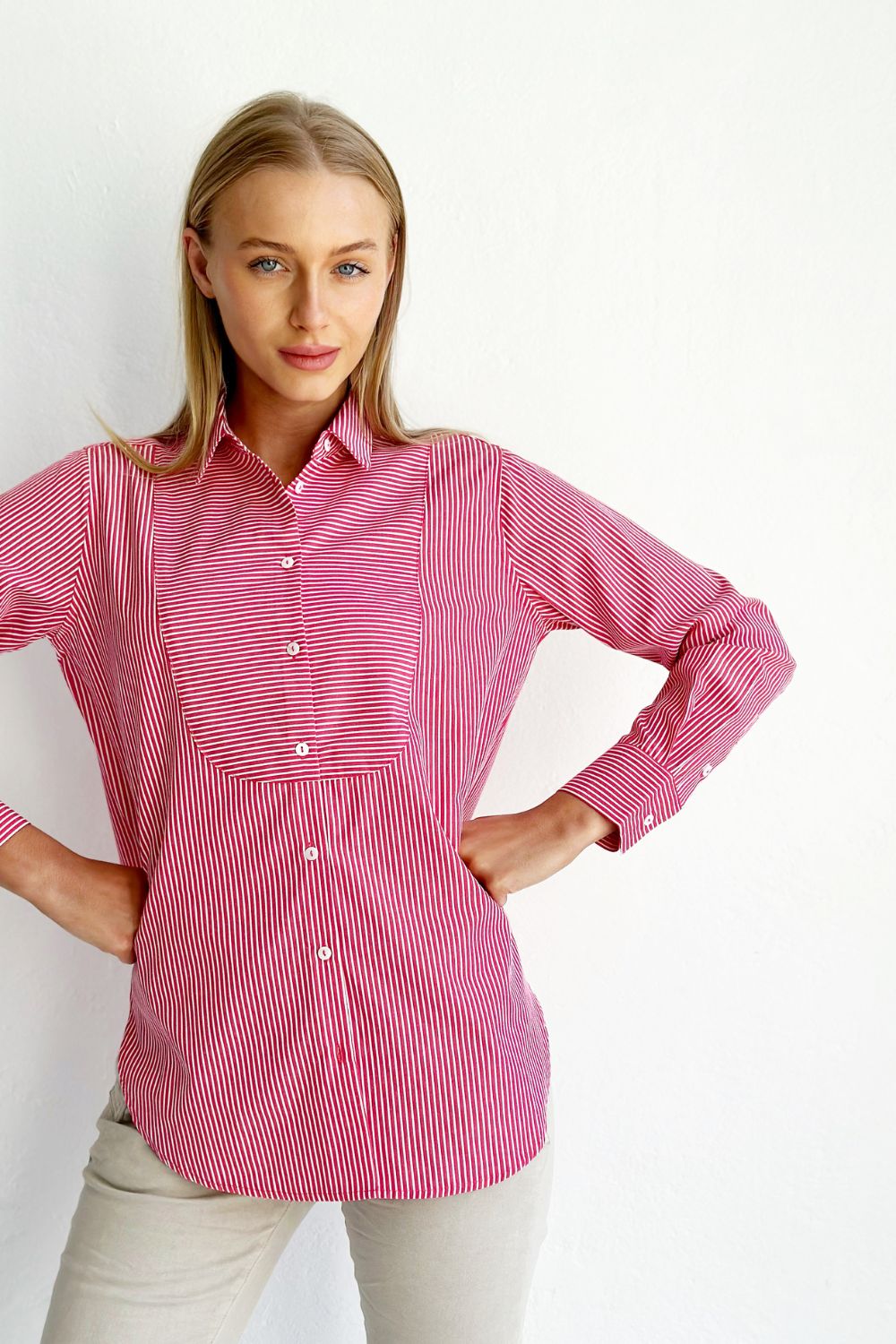The Chloe Classic Shirt Bit Front Stripe - Cherry Stripe