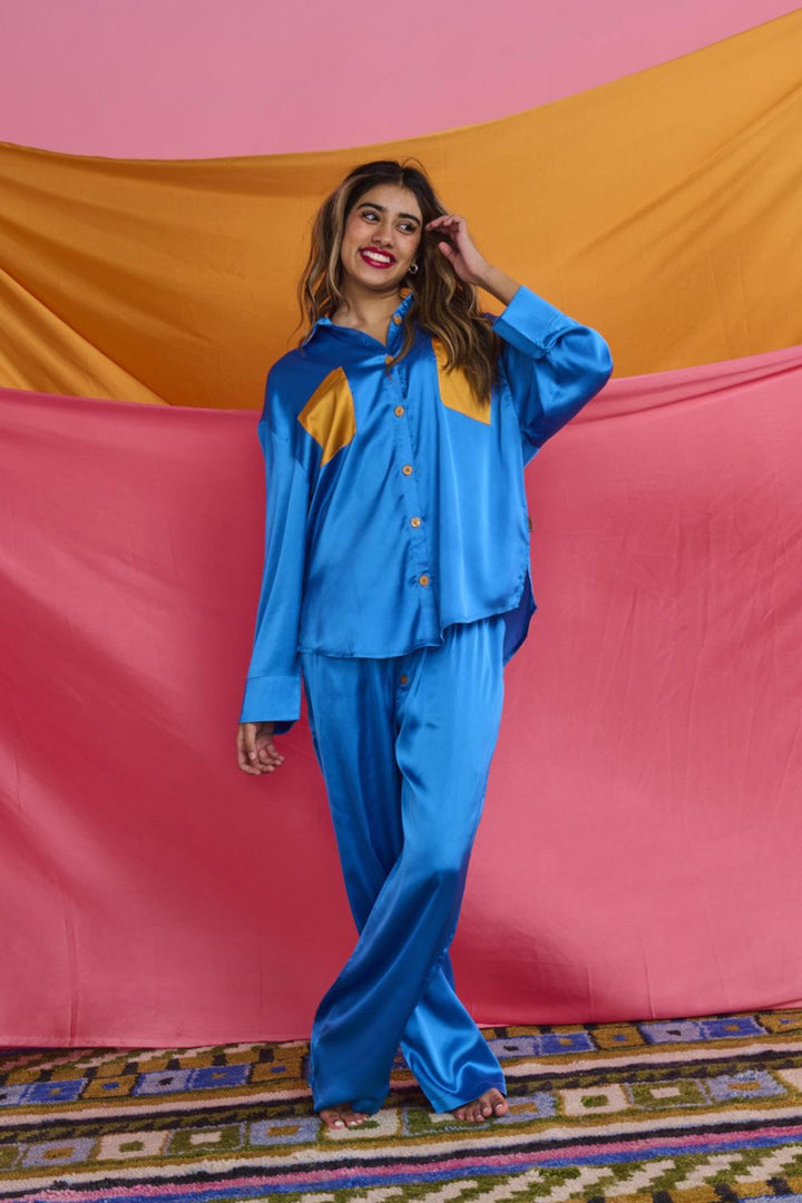 Sapphire Eco Satin Long Sleeve Shirt & Pant Pyjama Set