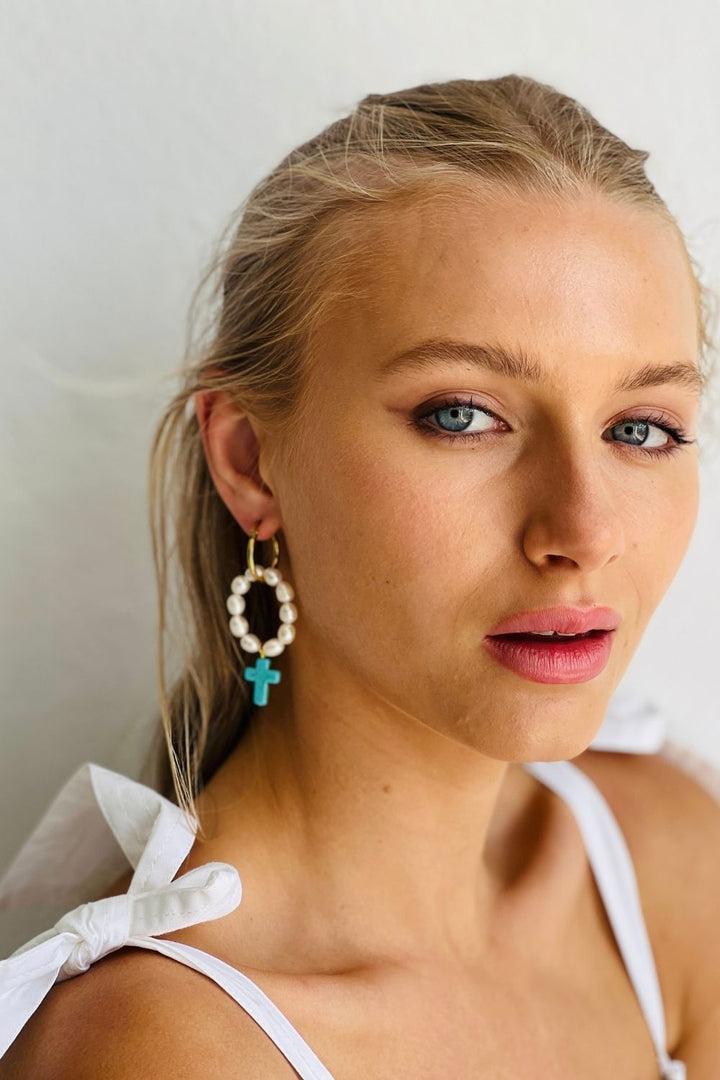 Drop pearl hoops with Turquoise Cross