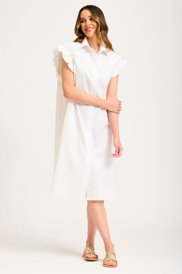 The Ruffle Sleeve Shirt Dress - White