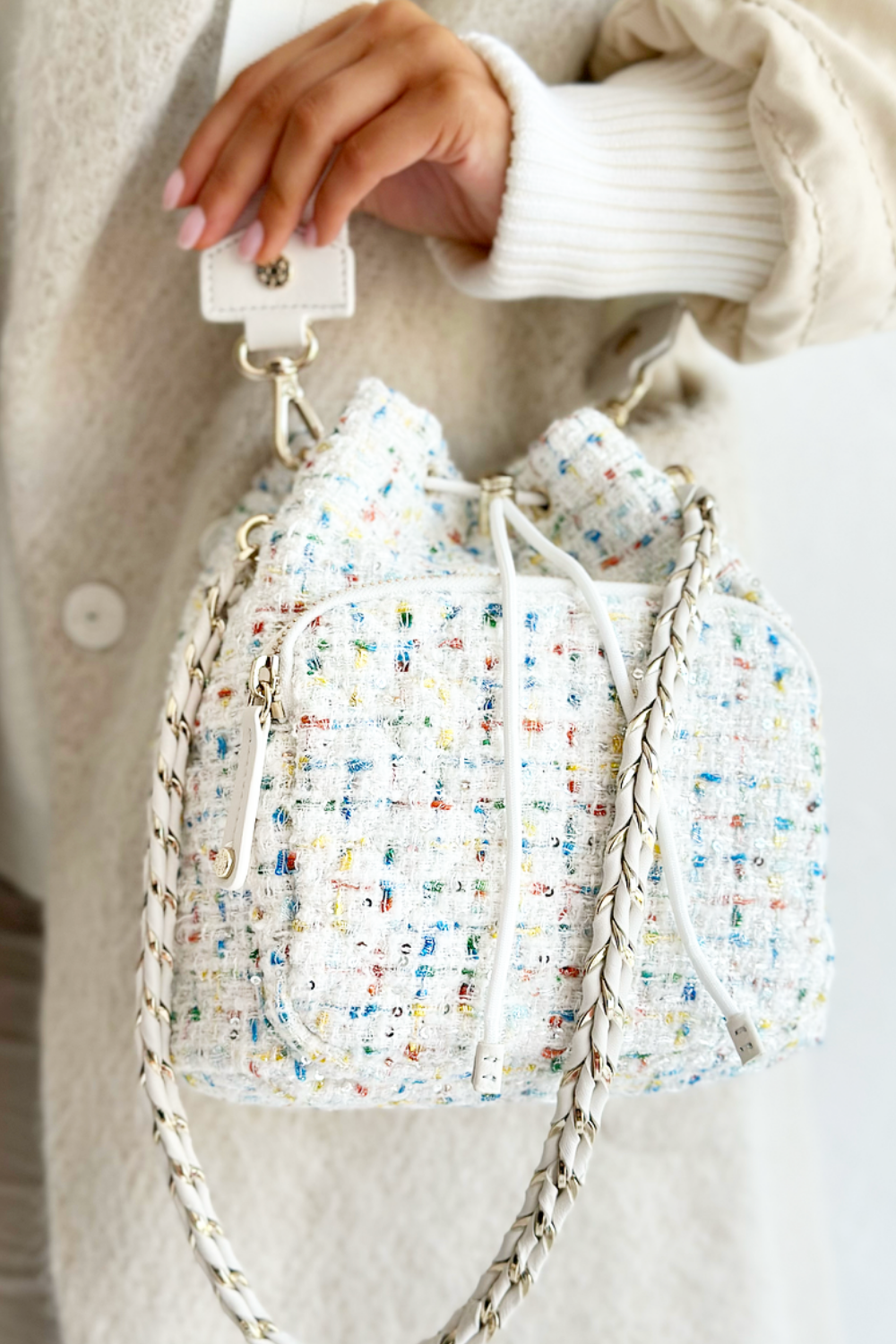 White Boucle Crosby Drawstring Bucket Bag